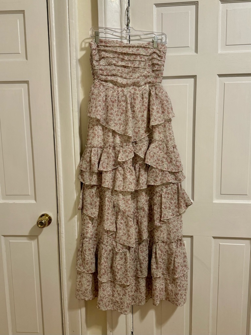 STORIA Strapless Floral Tiered Ruffle Maxi Dress Smocked Pink M